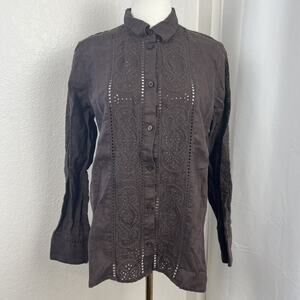 J Crew Top Womens 10 Brown Button Up Linen Garcon Classic Eyelet Boho Coastal‎